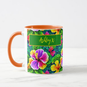 Add Name Text Tropical Hibiscus Flower Jungle Leaf Mug