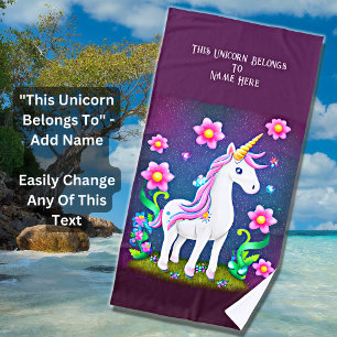Add Name Text, Unicorn with Flowers on Purple Beach Towel