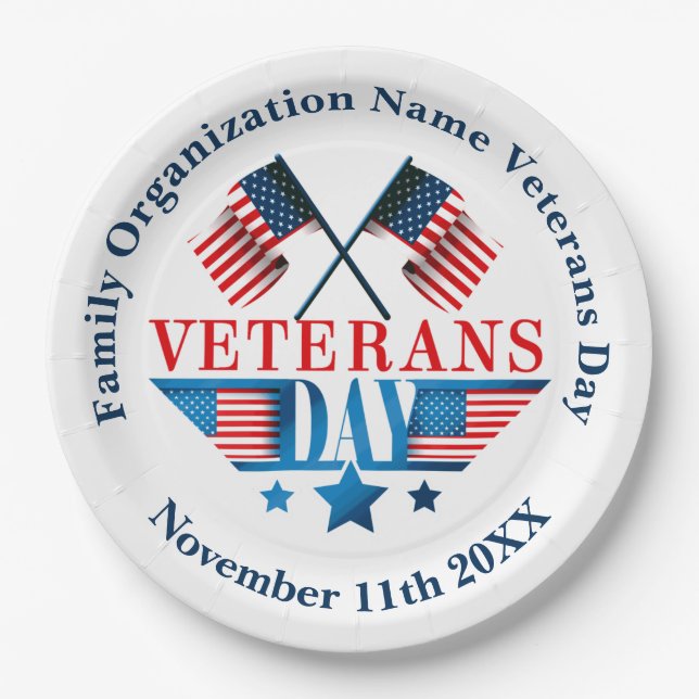 Add Name Text Veterans Day Flag Celebration Party  Paper Plate (Front)