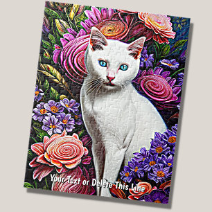 Add Name Text, White Cat with Abstract Flowers Jigsaw Puzzle