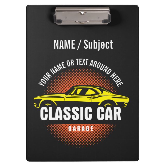 Add Name Text Yellow Classic Car  Clipboard (Front)