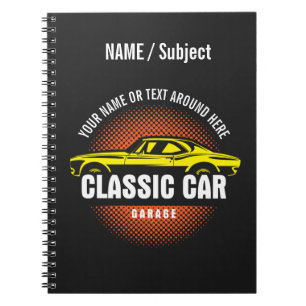 Add Name Text Yellow Classic Car Notebook