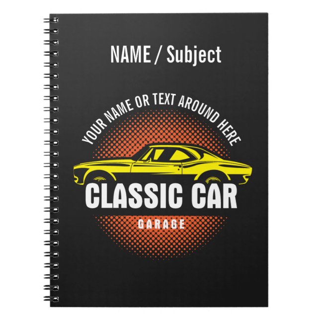 Add Name Text Yellow Classic Car Notebook (Front)