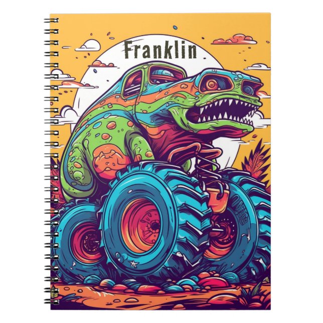 Add Name To Colourful T-Rex Dinosaur Monster Truck Notebook (Front)