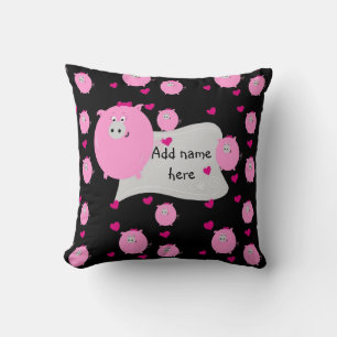 Add name to cute micropig pink & black heart love cushion