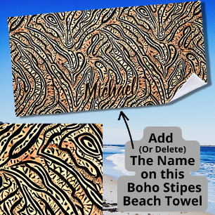 Add Name, Tribal Boho Crocodile Black on Brown Beach Towel
