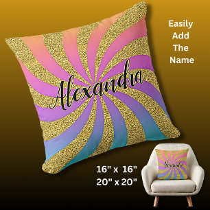 Add Name Twisted Sunburst Pop Art Sparkles Rainbow Cushion