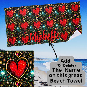 Add Name Vintage Red Gold Heart with Gemstones Bea Beach Towel
