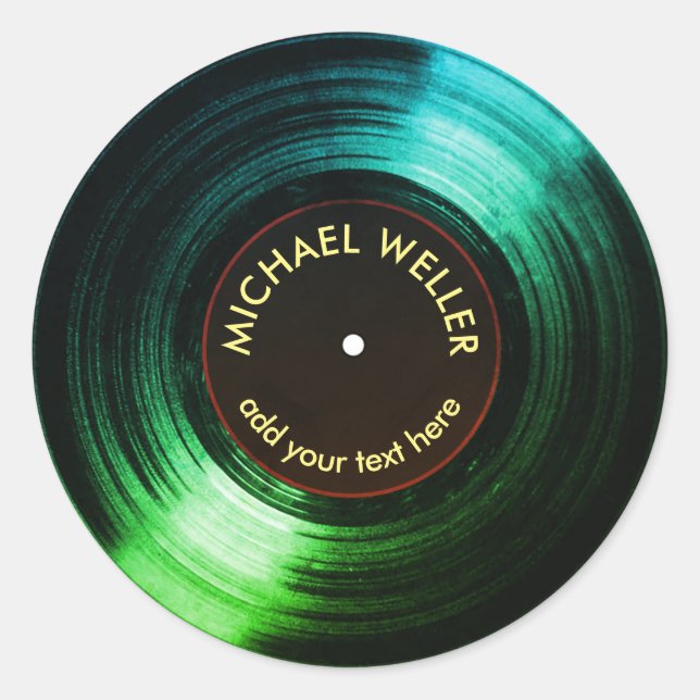 add-name vinyl record green classic round sticker (Front)