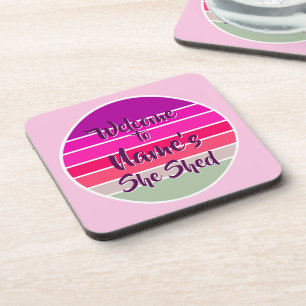 Add Name Welcome to She Shed Pink Retro Sunset Coaster