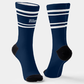 Add Name White Stripes on Dark Blue Socks