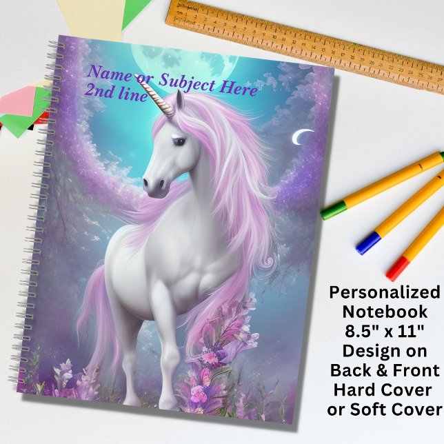 Add Name  White Unicorn with Purple Flowers & Moon Notebook (Creator Uploaded)