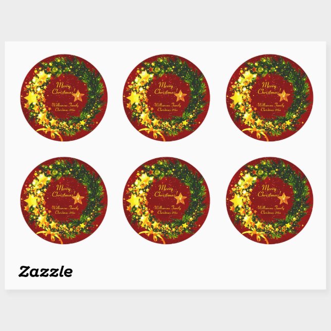 Add Name Year Christmas 20xx Gold Wreath on Red   Classic Round Sticker (Sheet)