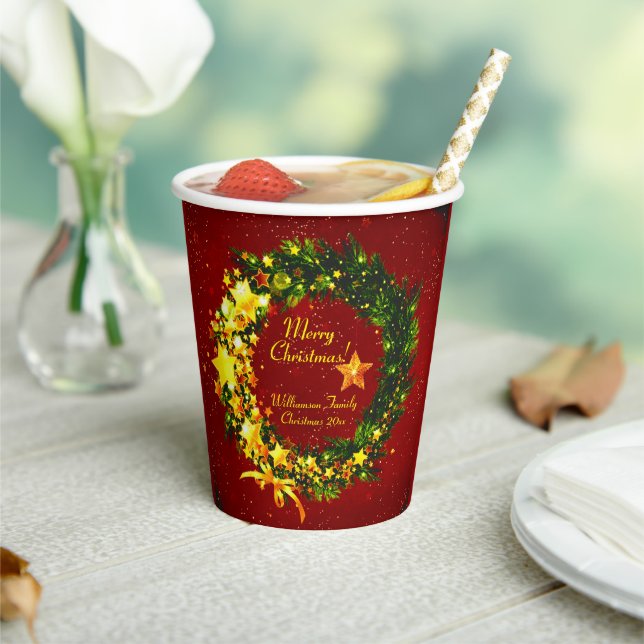 Add Name Year Christmas 20xx Gold Wreath on Red Paper Cups (Insitu)