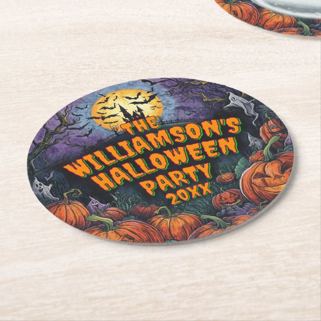 Add Name Year Halloween Party Round Paper Coaster (Angled)