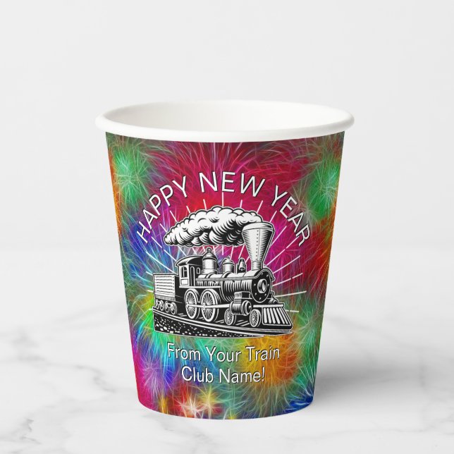 Add Name Year, Steam Train Fireworks New Year      Paper Cups (Front)