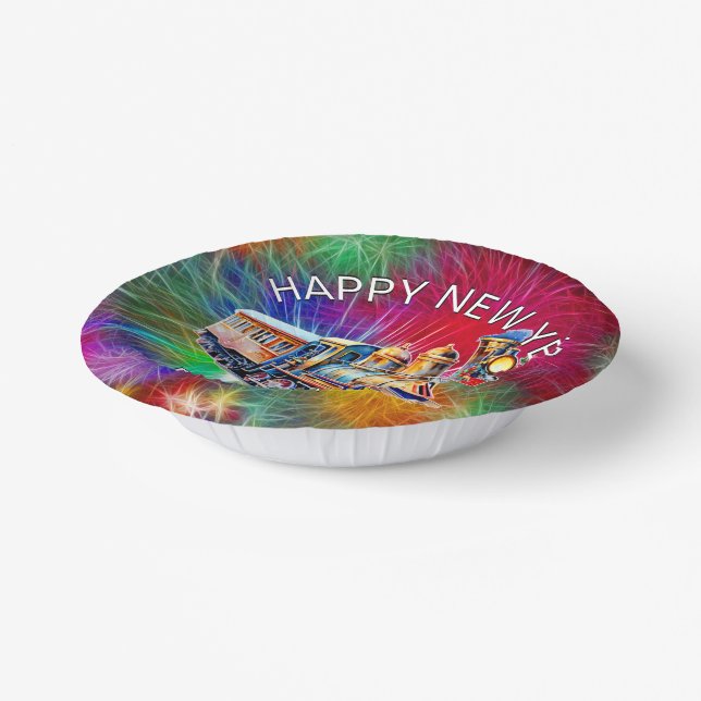 Add Name Year, Steam Train Fireworks New Year      Paper Plate (Angled)