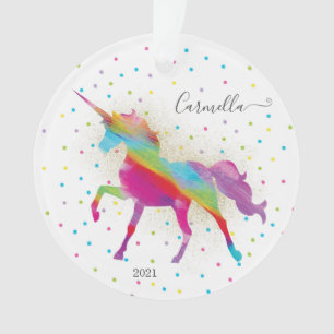 Add Name & Year to Rainbow Gold Glitter Unicorn Ornament