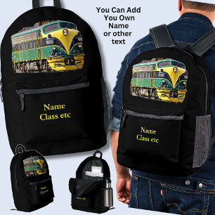 Add Name, Yellow Green Diesel Locomotive on Black Printed Backpack