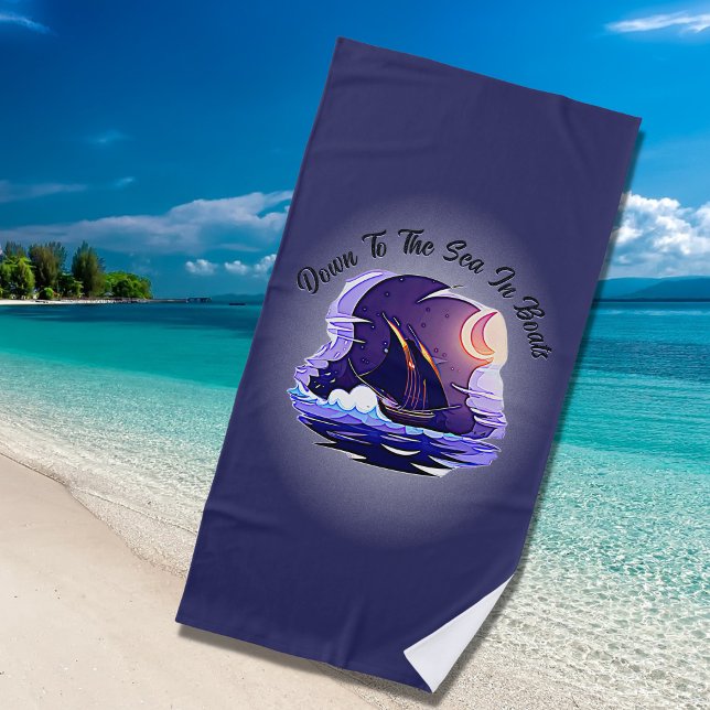 Add Name Your Text, Sailing Ship, Clouds Moon Blue Beach Towel (Creator Uploaded)