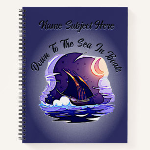 Add Name Your Text, Sailing Ship, Clouds Moon Blue Notebook