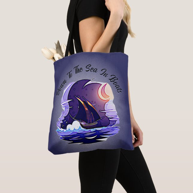 Add Name Your Text, Sailing Ship, Clouds Moon Blue Tote Bag (Close Up)