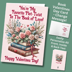 Add Names, Books Flowers Pink Valentines Day Card
