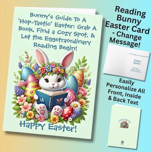 Add Names, Bunny's Reading Guide with Eggs, Easter Card (Creator Uploaded)