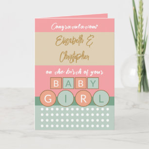 Add names coral green new baby girl card