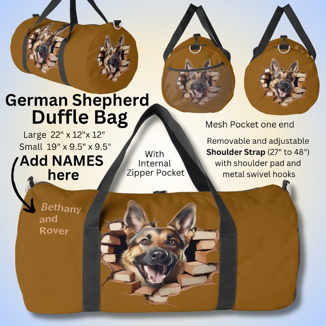 Add Names, German Shepherd Dog Bursting Out of  Duffle Bag (Creator Uploaded)