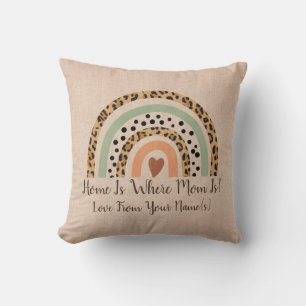 Add Names Home is Where Mum Leopard Rainbow Beige Cushion
