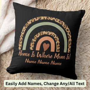 Add Names Home Is Where Mum Leopard Rainbow Heart Cushion