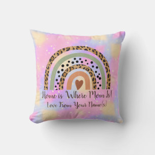 Add Names Home is Where Mum  Leopard Rainbow Pink Cushion