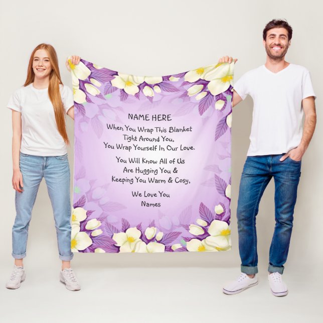 Add Names Love Hug Wrap Purple Floral  Fleece Blanket (In Situ)