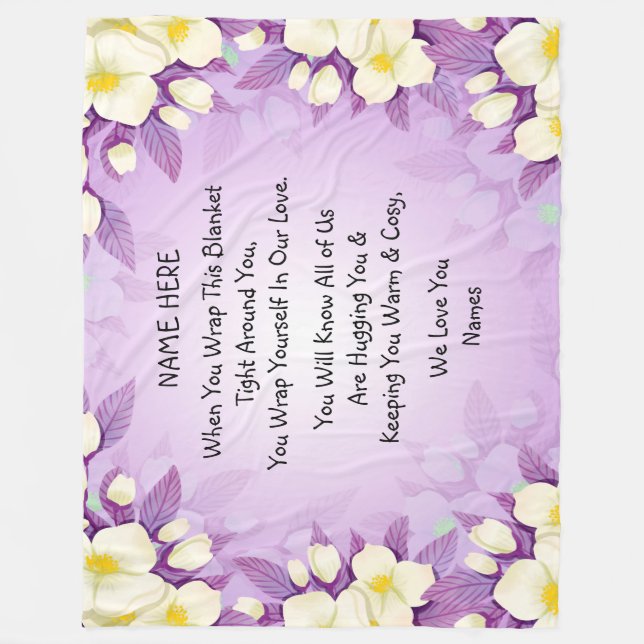 Add Names Love Hug Wrap Purple Floral Large  Fleece Blanket (Front)
