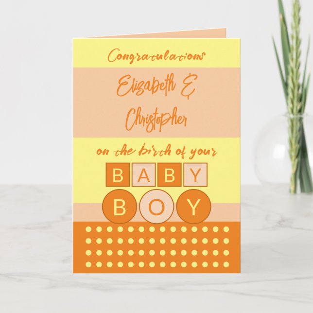 Add names orange yellow new baby boy card (Front)