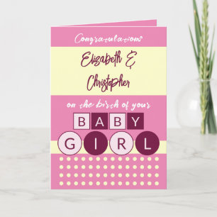 Add names pink yellow new baby girl card