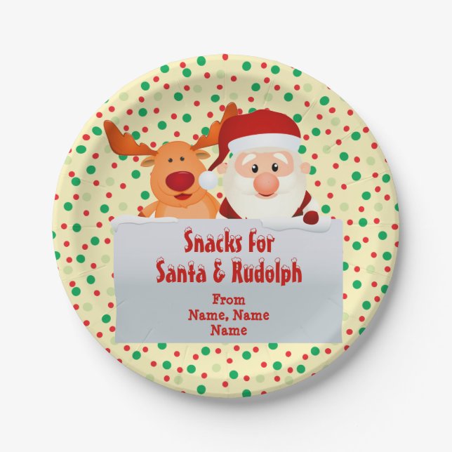 Add Names Snacks for Santa Rudolph 7" Paper Plate (Front)