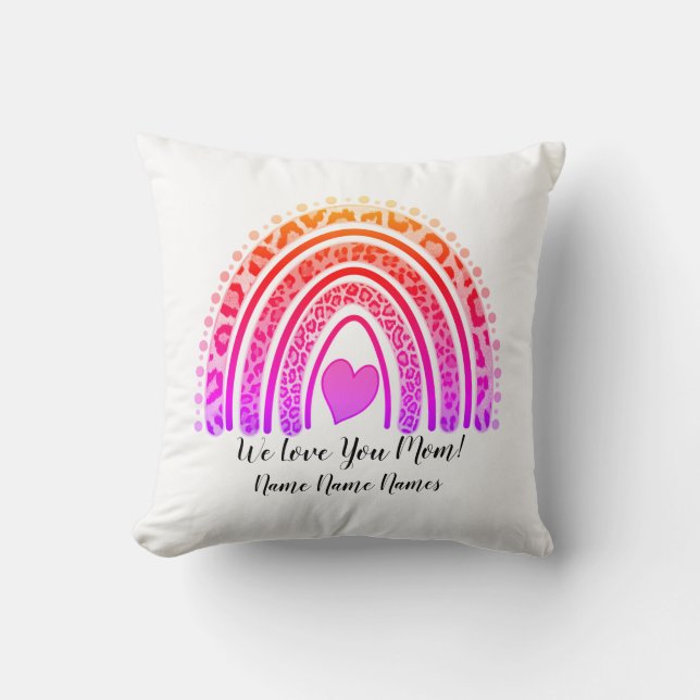 Add Names Text Boho Pink Rainbow Leopard Heart Cushion (Front)