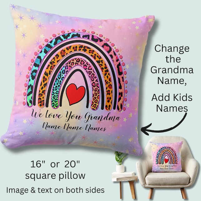 Add Names Text Grandma Heart Boho Rainbow Leopard  Cushion (Creator Uploaded)