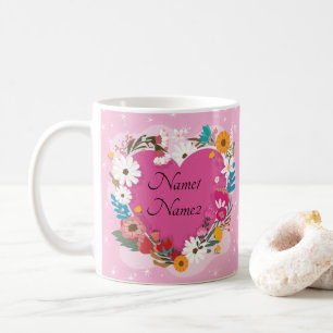 Add Names Text Valentines Day Pink Floral Heart Coffee Mug