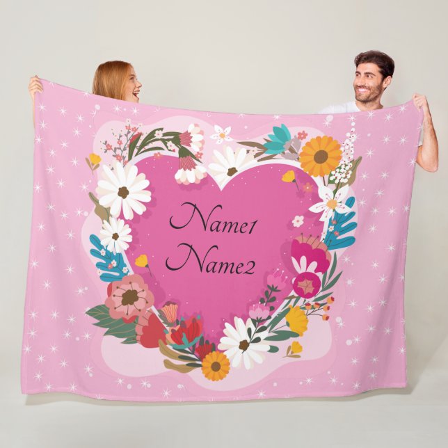 Add Names Text Valentines Day Pink Floral Heart Fleece Blanket (In Situ)