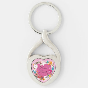 Add Names Text Valentines Day Pink Floral Heart Key Ring