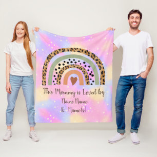 Add Names This Mummy Loved by Leopard Rainbow Pink Fleece Blanket