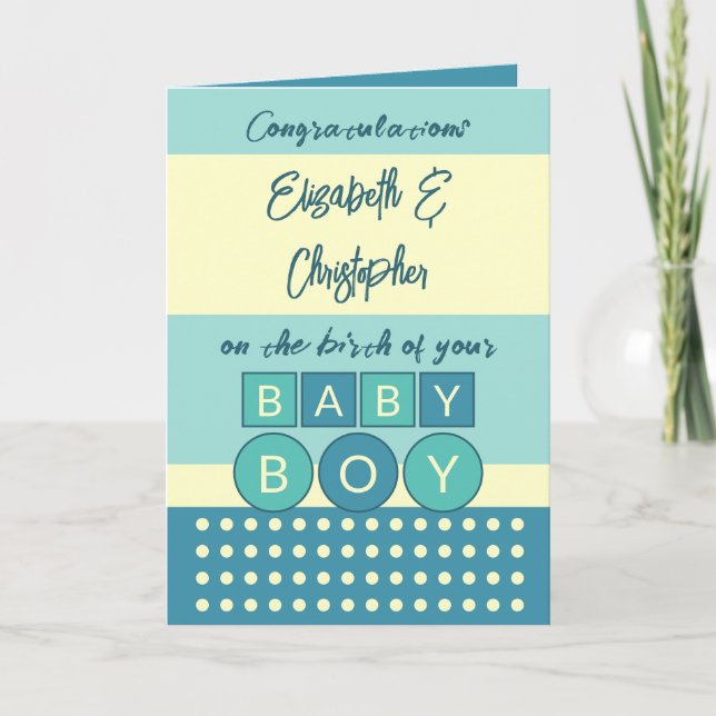 Add names turquoise yellow new baby boy card (Front)