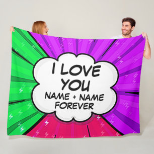 Add Names Valentines Day I Love You Pop Art Comic Fleece Blanket
