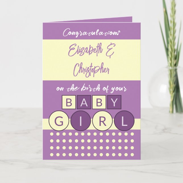 Add names yellow purple new baby girl card (Front)