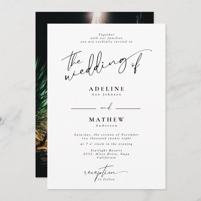 Add Personalised Photo Modern Script Wedding  Invitation (Front/Back)