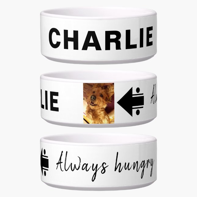 Add photo and name hungry black white dog bowl (Creator Uploaded)