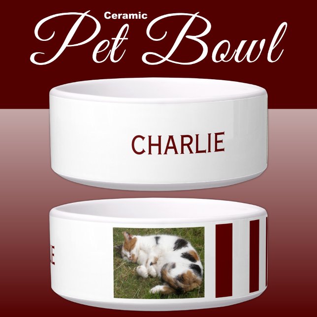Add photo and name white and burgundy bowl (Creator Uploaded)